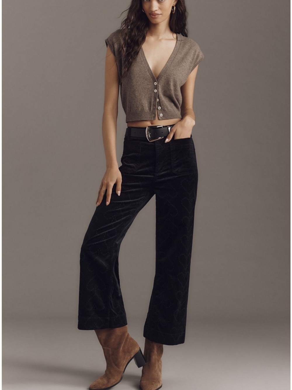 Anthropologie Black Velvet Cropped Wide-Leg Pants with Hearts